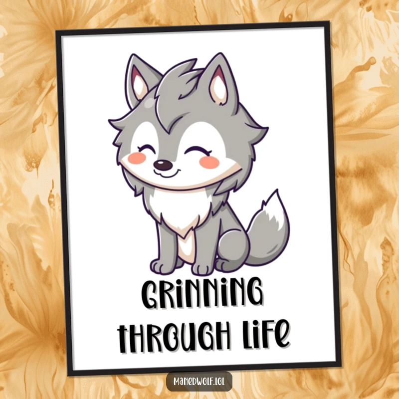 Funny maned wolf digital art print of a cute character with a wide happy grin and a wagging tail, embodying pure joy.