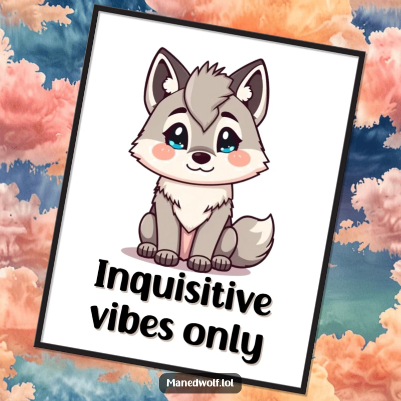 Funny Kawaii maned wolf digital art print with an inquisitive head tilt, offering whimsical charm and humorous artistic expression.