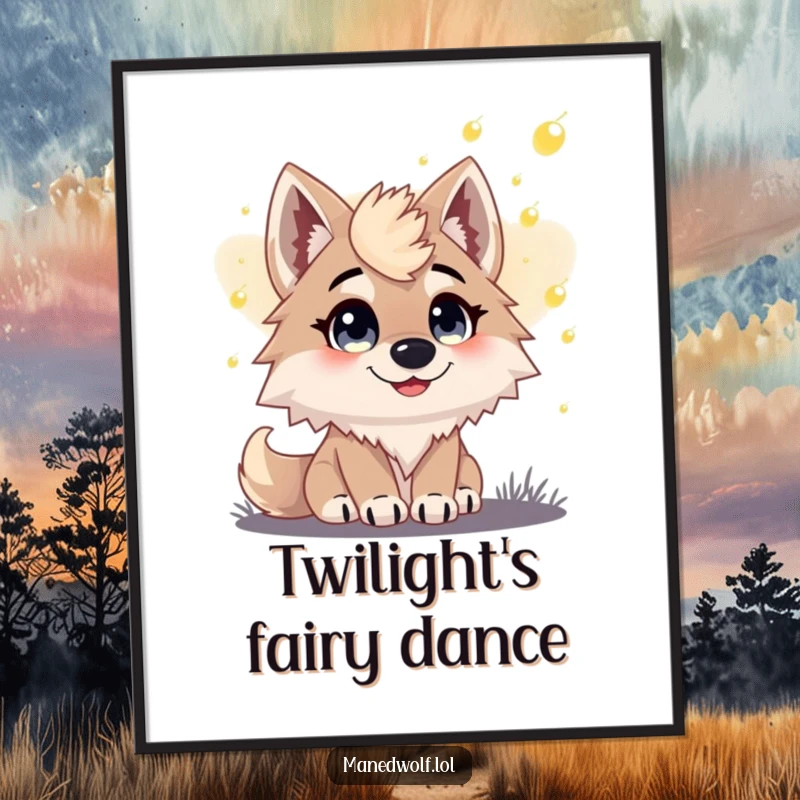 Funny digital art print of a maned wolf with large, happy eyes watching fireflies twinkle in the fading light of dusk.