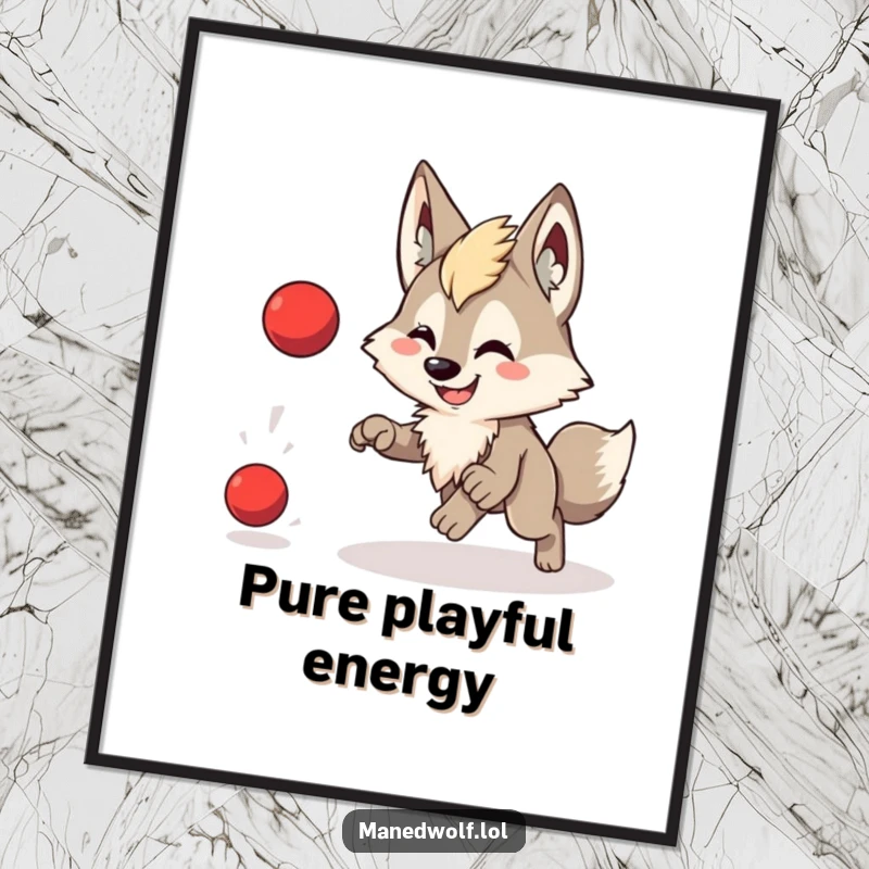 Funny digital art print of a cute maned wolf with a wide smile, playfully chasing a bouncing red ball.