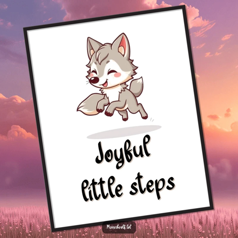 Funny kawaii maned wolf digital art print of a cute wolf doing a happy, bouncy trot, perfect for cheerful screensavers or prints.