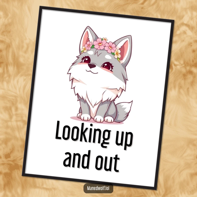 Funny digital art print of a giggling maned wolf wearing a tiny flower crown, its face turned upwards joyfully.