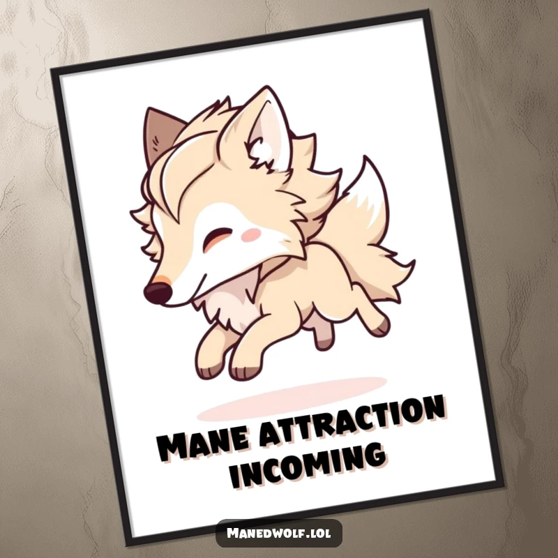 Funny Kawaii Maned Wolf Digital Art Print of a fluffy-maned wolf leaping playfully, perfect for vibrant, cheerful, and downloadable wall decor.