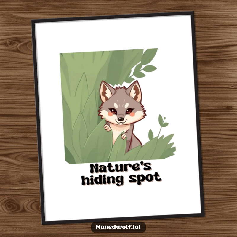Funny digital art print of a maned wolf peeking coyly from behind a tall, leafy bush.