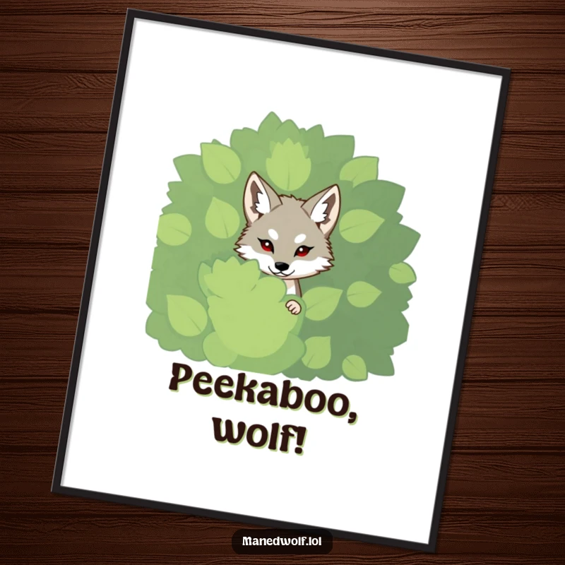 Funny shy maned wolf digital art print, peeking from a bush, whimsical and charming instant decor.