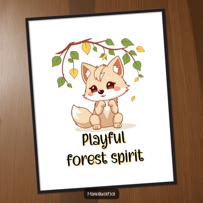 Funny kawaii maned wolf digital art print of a cute wolf playfully batting at leaves, perfect for whimsical screensavers or prints.