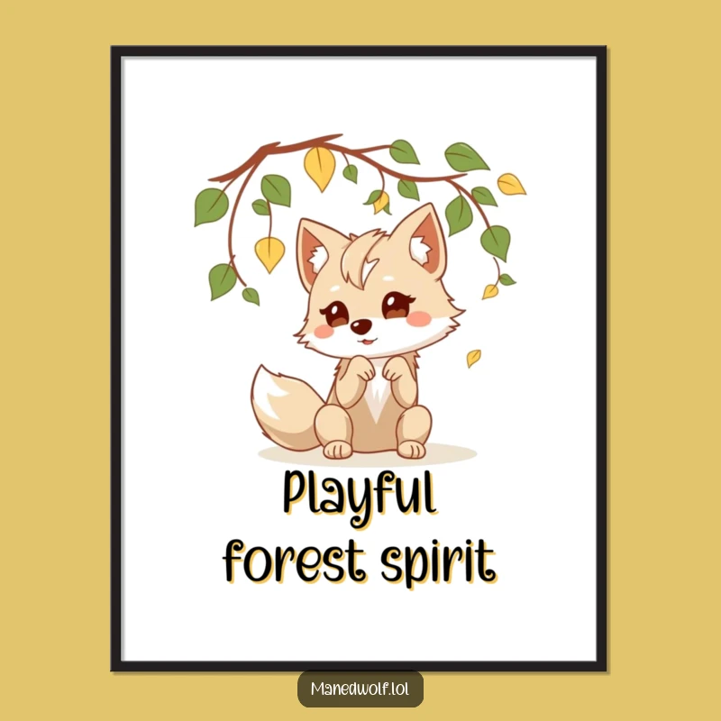Funny Kawaii Maned Wolf Digital Art: Instant Playful Leaf Batting Decor