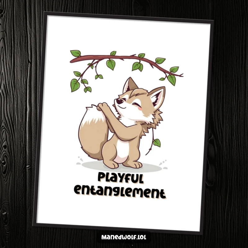 Funny Maned Wolf Digital Art Print showing a playful maned wolf batting at a dangling vine, full of energy.