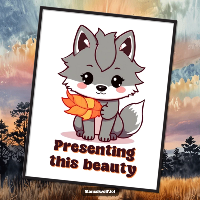 Funny Kawaii Maned Wolf Digital Art Print of a wolf offering a feather, perfect for instant download and humorous decor.