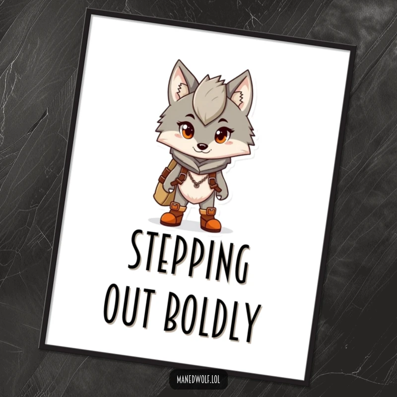 Funny digital art print of a maned wolf character wearing tiny boots, looking excited for an adventure.