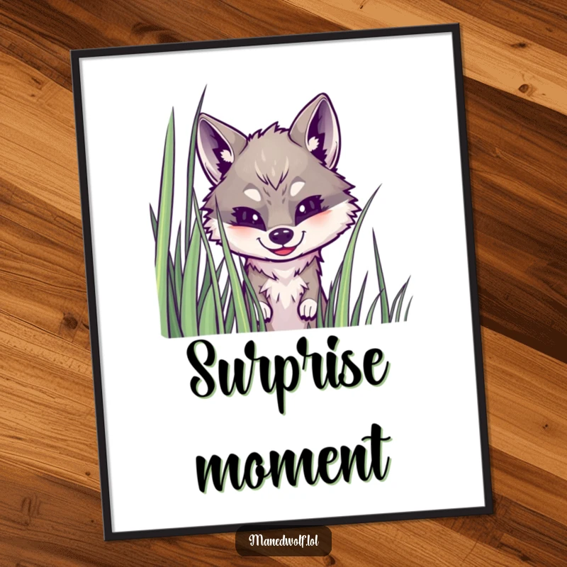 Funny maned wolf digital art print of a wolf peeking from grass, offering instant charm, playfulness, and visual humor.