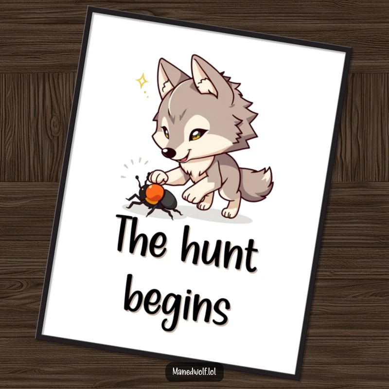 Funny digital art print of a maned wolf with a playful spark chasing a beetle, capturing a moment of humorous action.