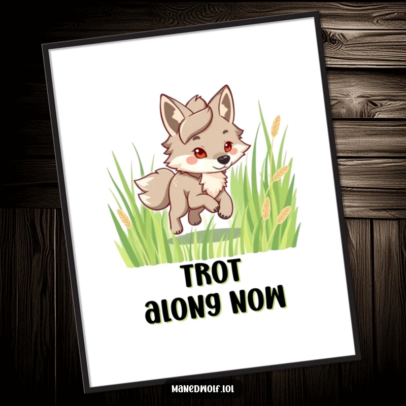 Funny Maned Wolf Digital Art Print: Character happily trotting through grass, embodying joy and movement, perfect for cheerful decor.