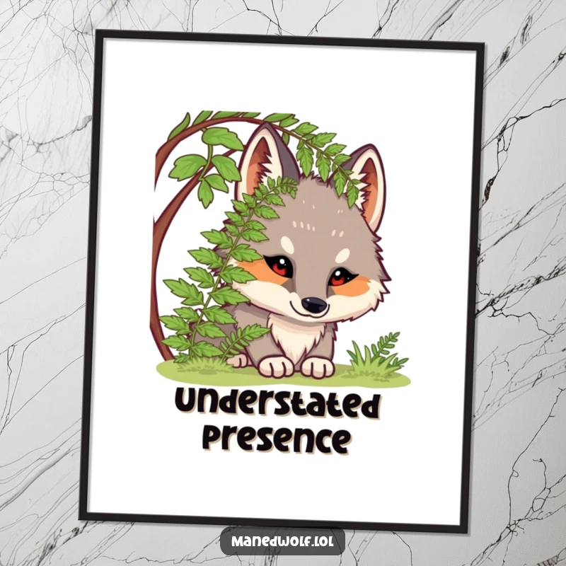 Funny digital art print of a chubby maned wolf peeking from under a fern, creating a humorous and heartwarming visual.