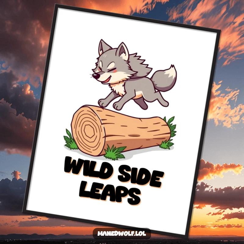 Funny Maned Wolf Digital Art Print of a character energetically leaping over a log, capturing motion and wild spirit for instant decor.