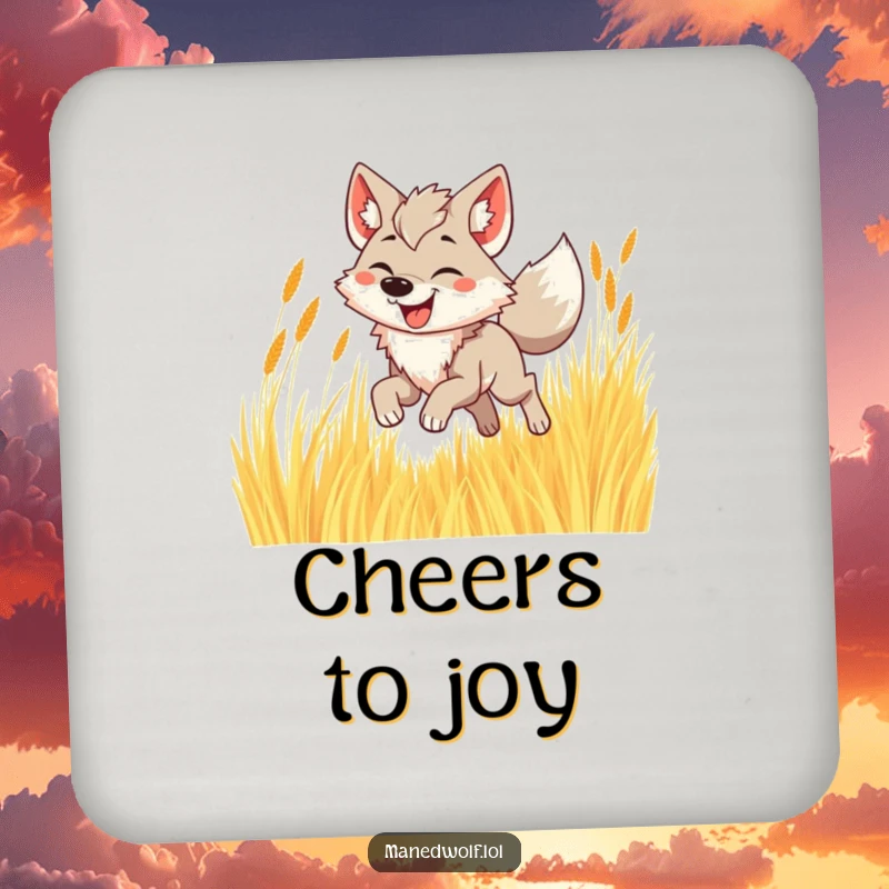 Funny maned wolf coaster featuring a joyful wolf bounding through tall golden grass.