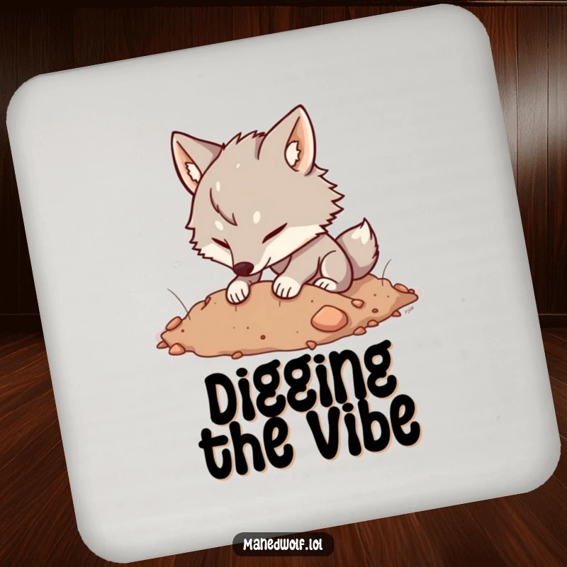 Funny Kawaii Maned Wolf Coaster displaying a cute wolf happily digging in soft earth, perfect for protecting surfaces humorously.