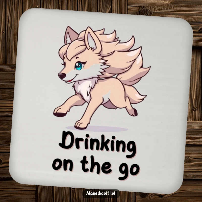 Funny kawaii maned wolf coasters set featuring a cute wolf running with its mane flowing, protecting surfaces with stylish humor.