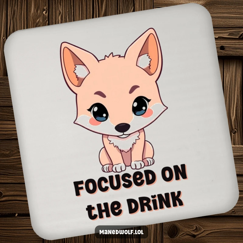 Funny kawaii maned wolf coasters set featuring a cute wolf looking intently off-screen, protecting surfaces with curious humor.
