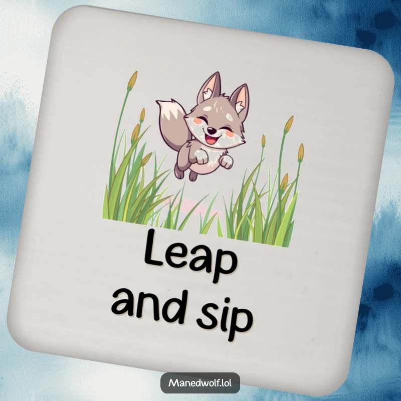 Funny maned wolf coaster, happy, leaping through grass, protecting surfaces with a touch of playful charm.