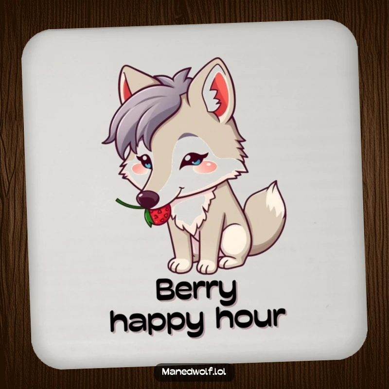 Funny drink coaster with a kawaii maned wolf balancing a berry on its snout, offering surface protection with cute humor.