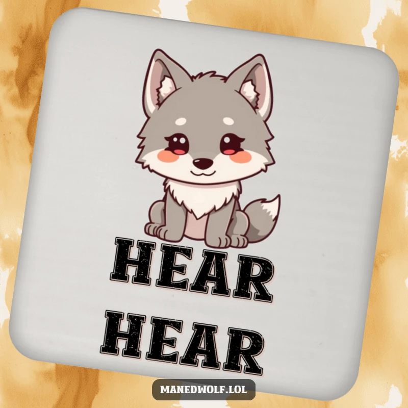 Funny Kawaii Maned Wolf Coaster: A cute maned wolf with ears perked curiously, protecting surfaces with thoughtful humor.