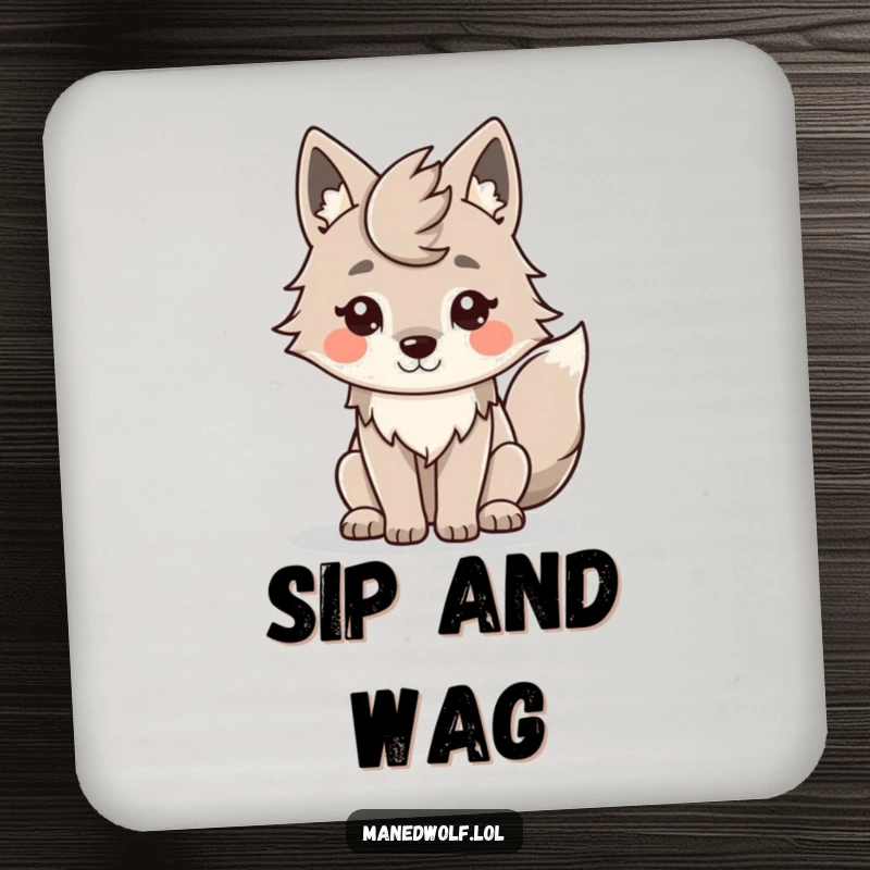 Funny Kawaii Maned Wolf Coaster: A smiling wolf with wagging tail, protecting your surfaces with charm.