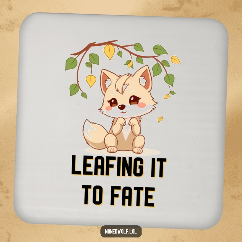 Funny kawaii maned wolf coasters set featuring a cute wolf playfully batting at leaves, protecting surfaces with adorable humor.