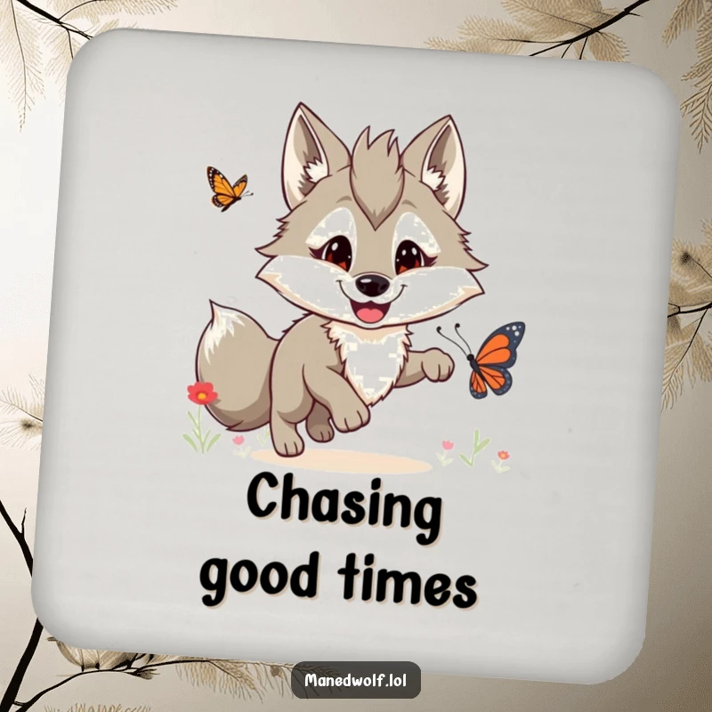 Funny maned wolf drink coasters depicting a happy wolf with a grin chasing a butterfly.