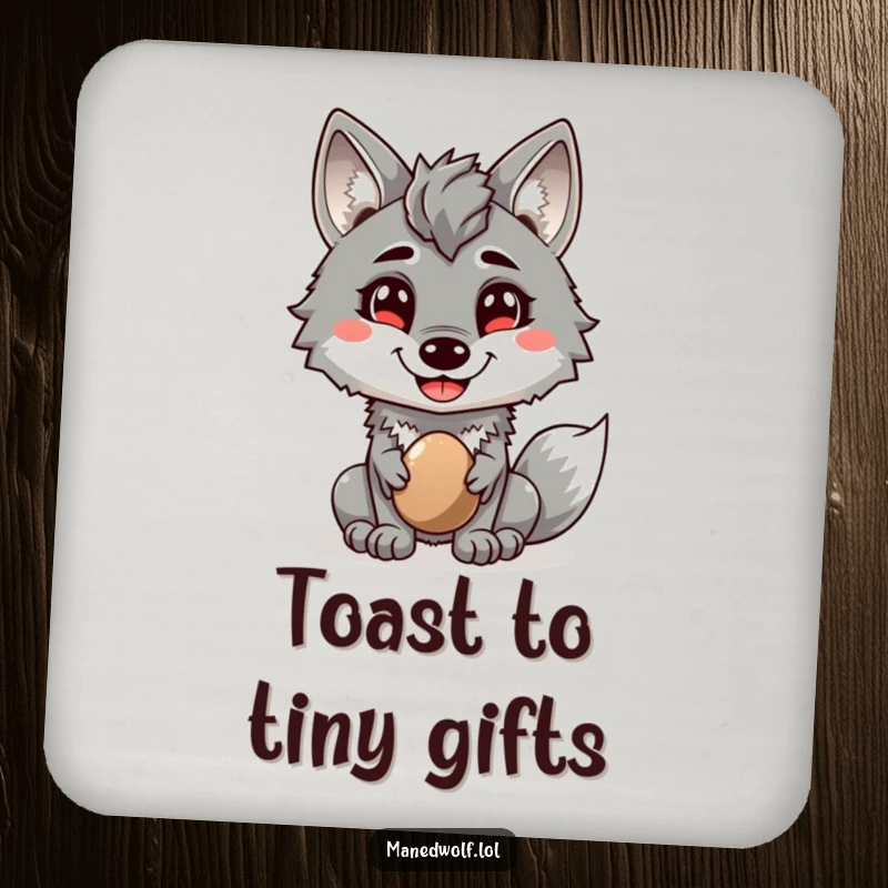 Funny drink coaster with a maned wolf offering a shiny pebble, providing surface protection with humorous, friendly charm.
