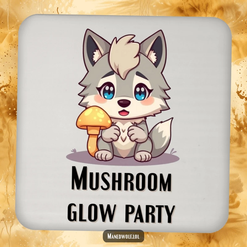 Funny Maned Wolf Coaster showing a character surprised by a glowing mushroom, protecting tables with a touch of enchantment and humor.