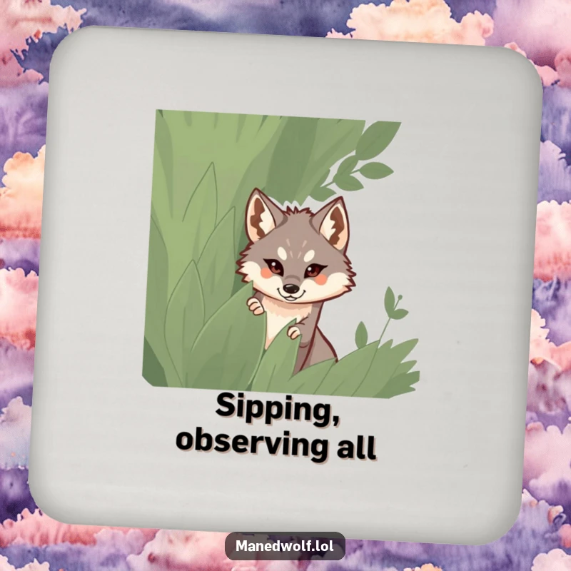 Funny drink coaster featuring a maned wolf peeking from behind a leafy bush.