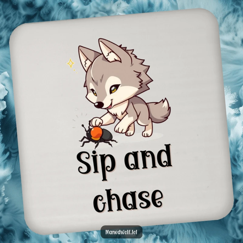 Funny drink coasters showing a maned wolf with a playful spark chasing a beetle, adding humorous protection.
