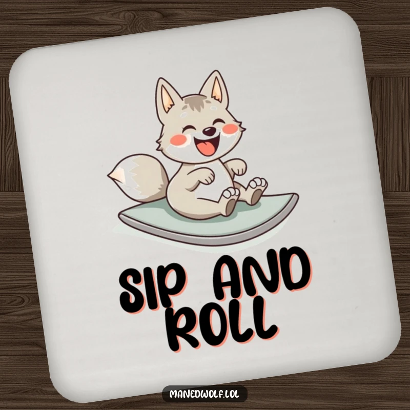 Funny drink coasters showcasing a maned wolf rolling joyfully down a hill, adding a humorous touch to your home.