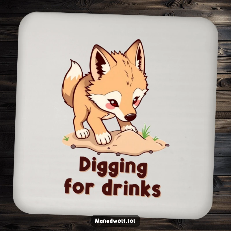 Funny maned wolf drink coasters featuring a wolf's energetic digging, adding playful charm and surface protection with humor.