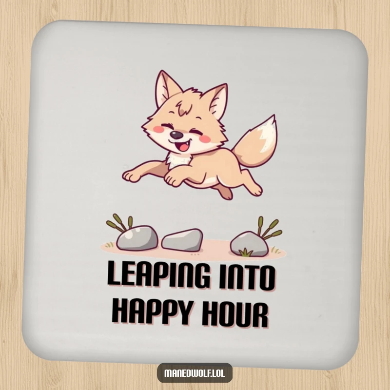 Funny maned wolf leaping over an obstacle, decorative drink coaster, adds dynamic flair, charming funny gift.