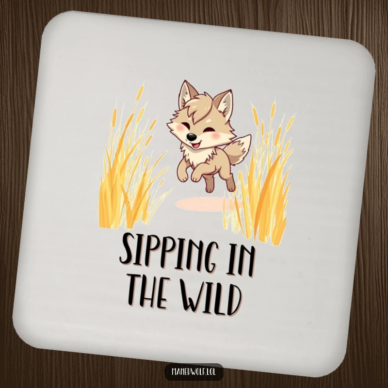 Funny maned wolf drink coaster, humorously illustrating a maned wolf prancing through tall grass, adding a touch of wild elegance.
