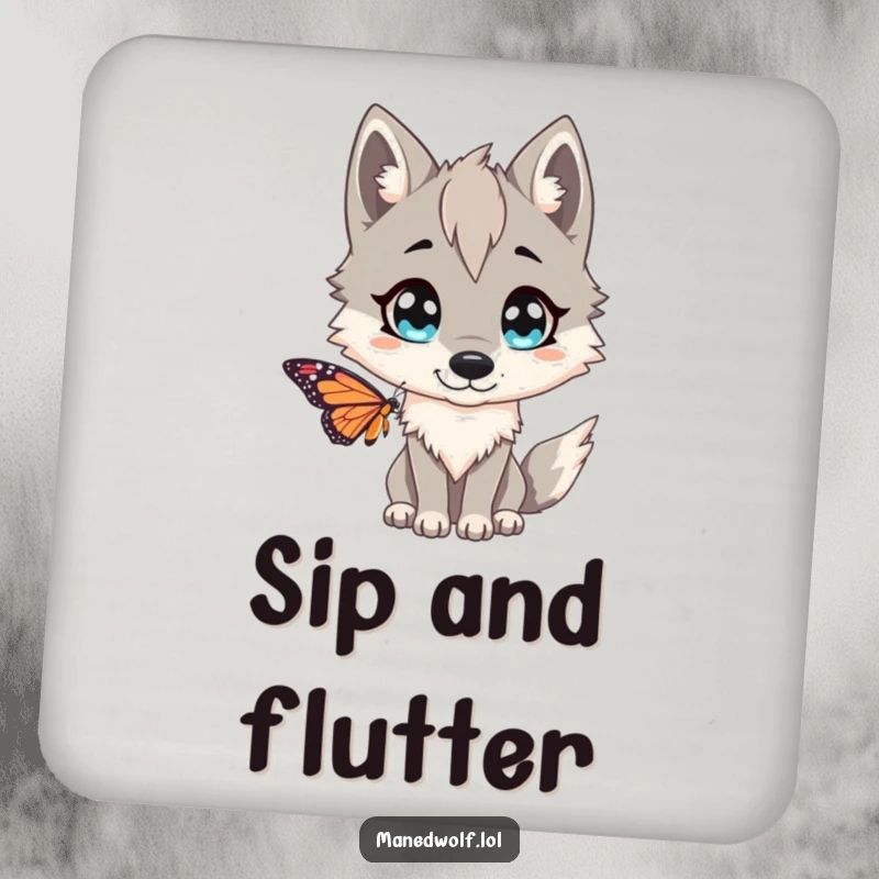 Funny Maned wolf coaster, protecting drinks, with the animal wide-eyed and comically surprised by a butterfly, adding humorous flair.
