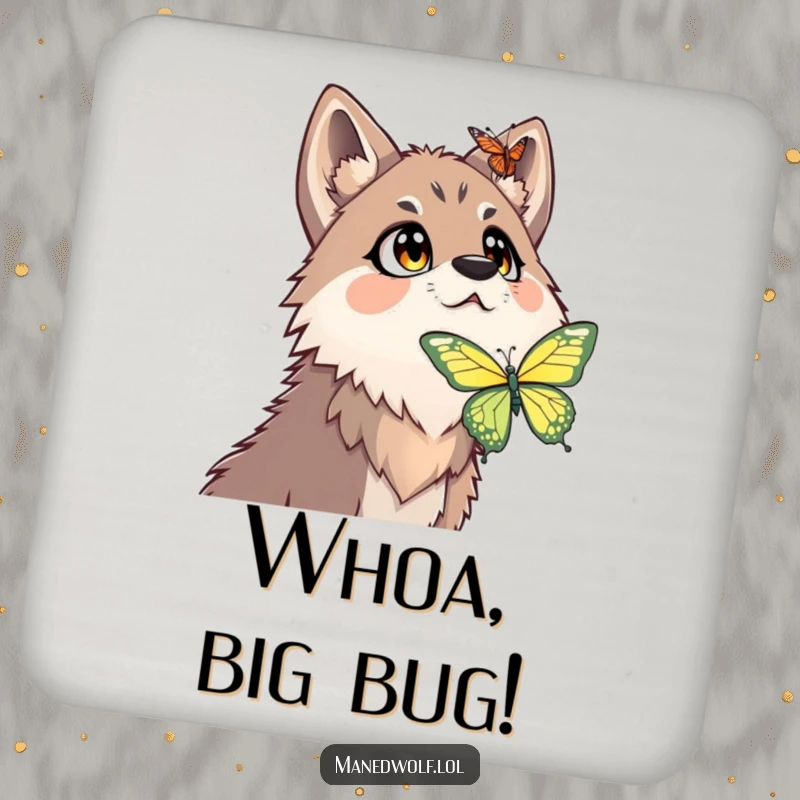 Funny maned wolf coaster showing a surprised maned wolf with wide eyes looking up at a butterfly.