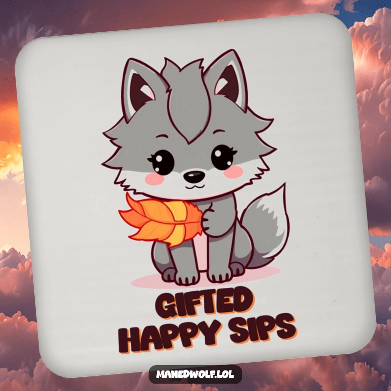 Funny Kawaii Maned Wolf Coaster displaying a cute wolf offering a colorful feather, perfect for protecting surfaces humorously.