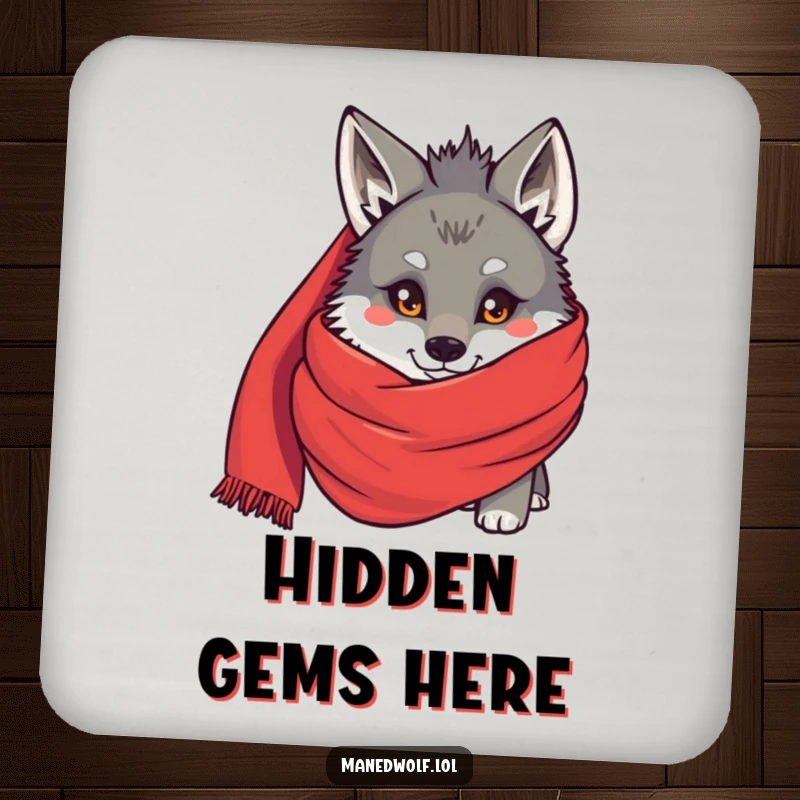 Funny Maned wolf peeking from behind a large red scarf, featured on a drink coaster, a humorous and practical accessory.