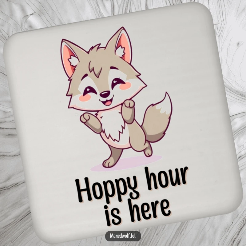 Funny Kawaii Maned Wolf Coaster featuring a cute wolf doing a happy little hop, adding cheerful art to your tables.