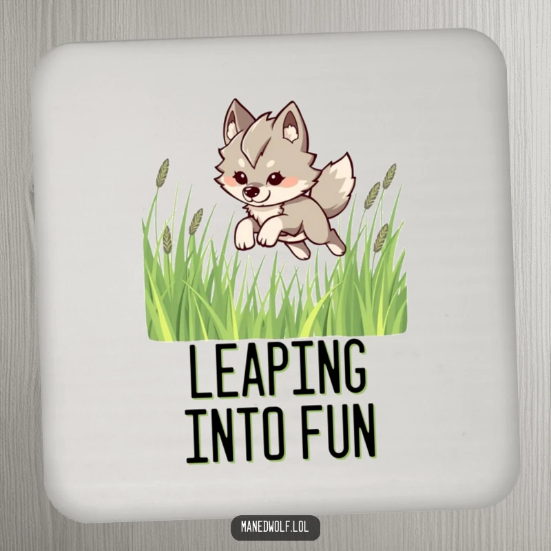 Funny Kawaii Maned Wolf Coaster: A cute maned wolf leaping playfully through tall grass, protecting surfaces with humor.