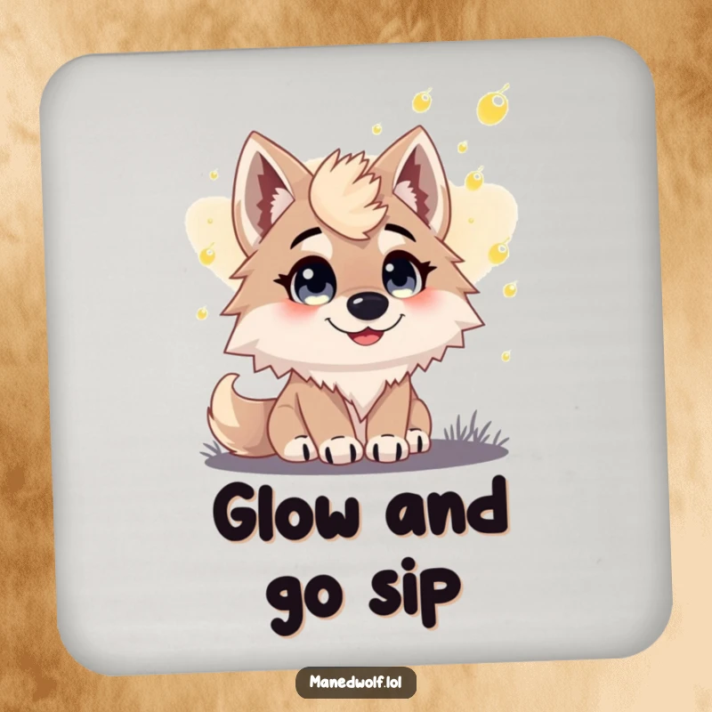 Funny drink coaster showing a maned wolf observing fireflies at dusk, its eyes wide with happy wonder.