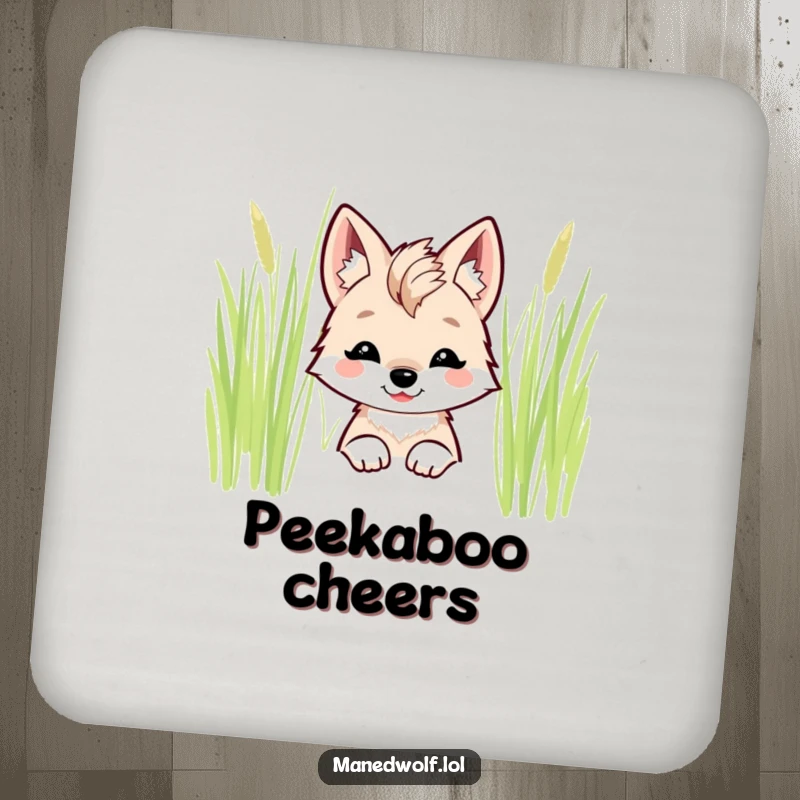 Funny kawaii maned wolf drink coasters with a smiling wolf peeking from behind tall grass.
