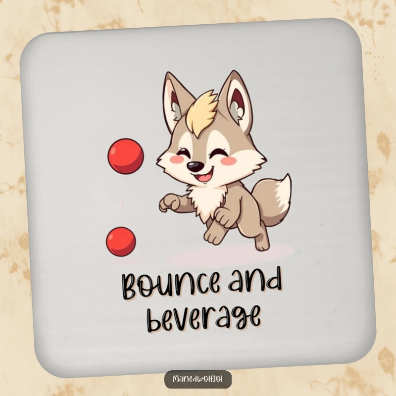 Funny drink coaster featuring a cute maned wolf with a wide smile, playfully chasing a bouncing red ball.