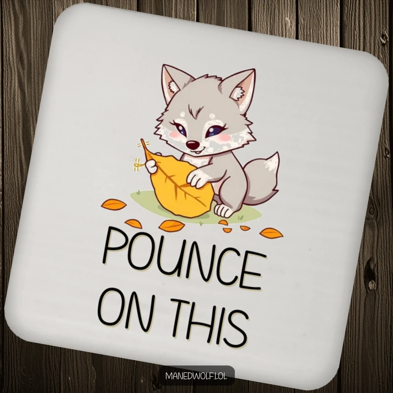 Funny kawaii maned wolf drink coaster with a cute creature playfully pouncing on a leaf, adding humorous protection and charm.