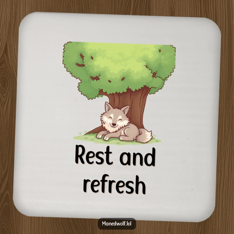 Funny drink coaster featuring a contented maned wolf resting peacefully beneath a large, shady tree.