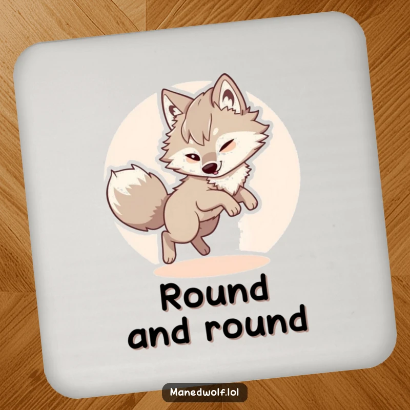 Funny maned wolf coasters, featuring a fluffy wolf comically chasing its tail, protecting surfaces with humor.