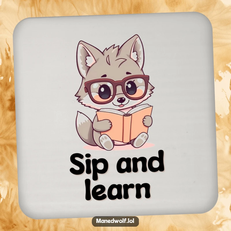 Funny drink coaster featuring a kawaii maned wolf in oversized glasses reading a tiny book, adding cute scholarly decor.